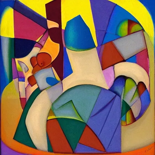 Image similar to woman woman and her sisters bake bread and greet the day at sunrise, abstract art in the style of cubism and georgia o'keefe