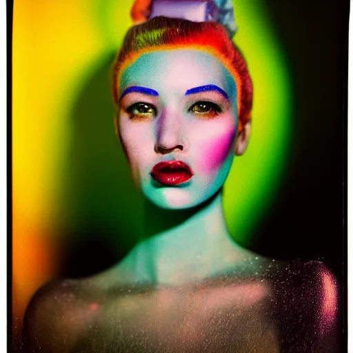 Image similar to medium format color portrait of a model with surreal style, camera flash