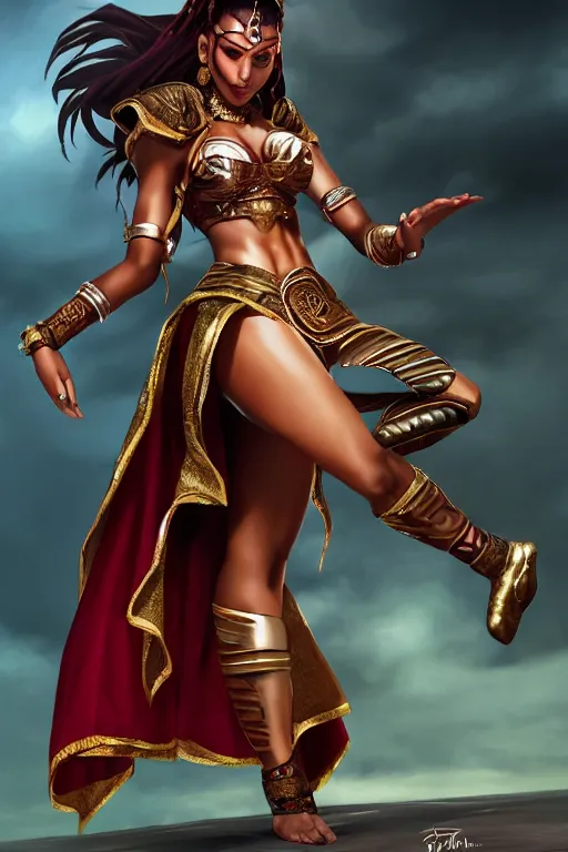 Prompt: Full body Picture of a Battle Dancer, arab inspired, wearing two metallic rings, dark brown skin, light red hair, waist reaching ponytail, sensual, fanservice, crimson attire, exposed midriff, battle, detailed face features, dark green eyes, D&D, by artgerm and Craig Mullins, James Jean, Andrey Ryabovichev, Mark Simonetti and Peter Morbacher, matte painting, trending on artstation, artstationHD, artstationHQ, octane, full HD, 16K, no extra limbs