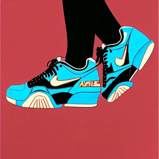 Image similar to retro futuristic Nike air trainer sneakers with straps by syd mead, matte painting, geometric shapes