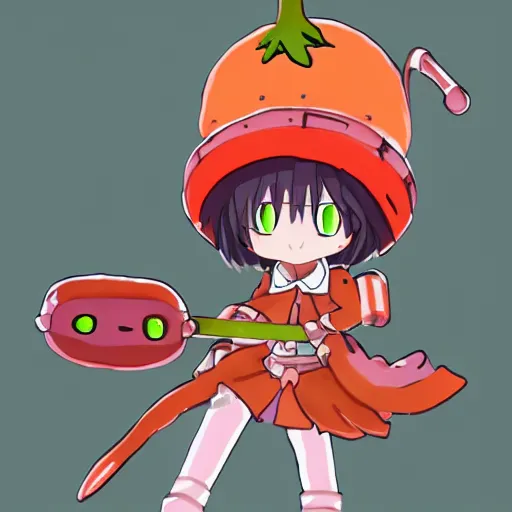 Prompt: cute android humanoid with big tomato hat and a carrot sword, made in abyss style