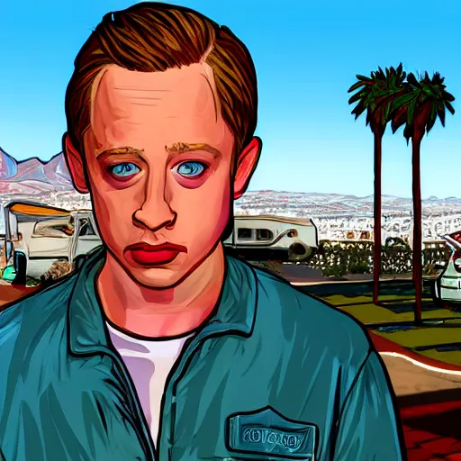 Prompt: Macaulay Culkin in GTA V . Los Santos in the background, palm trees. In the art style of Stephen Bliss.