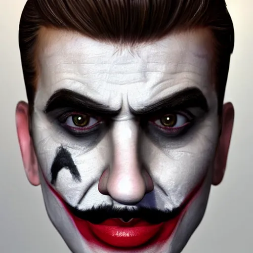 Image similar to Mario in real life with joker makeup, realistic, very realistic, hyperrealistic, highly detailed, very detailed, extremely detailed, detailed, digital art, oil painting, trending on artstation, headshot and bodyshot, detailed face, very detailed face, extremely detailed face, HD Quality, 8k resolution