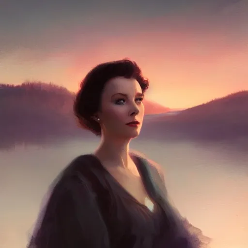 Prompt: a closeup portrait of a young vivian leigh, lake background, gorgeous view, sunset, film noir, serene, depth, by greg rutkowski, digital art, trending on artstation