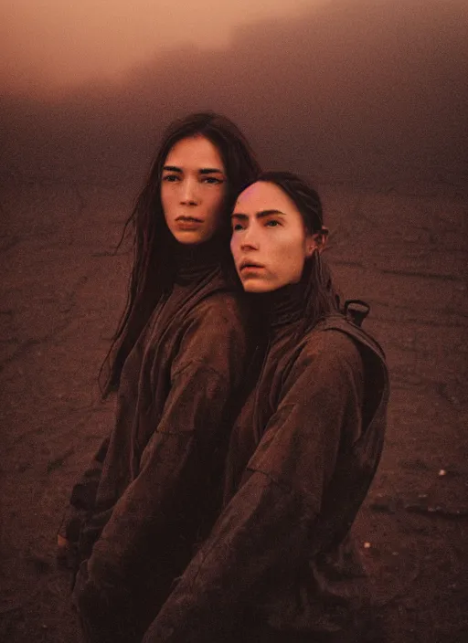 Image similar to cinestill 5 0 d photographic portrait of two loving female androids wearing rugged black techwear on a desolate plain with a red sky in front of a brutalist dark metal building, extreme closeup, cyberpunk style, dust storm, 8 k, hd, high resolution, 3 5 mm, f / 3 2, ultra realistic faces, ex machina