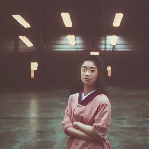 Prompt: 1990s perfect 8K HD professional cinematic photo of close-up japanese schoolgirl posing in dystopian hangar, at evening during rain, at instagram, Behance, Adobe Lightroom, with instagram filters, depth of field, taken with polaroid kodak portra