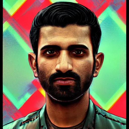 Image similar to portrait of a pakistani - american man, an ultrafine detailed illustration by james jean, intricate linework, bright colors, final fantasy, behance contest winner, vanitas, angular, altermodern, unreal engine 5 highly rendered, global illumination, radiant light, detailed and intricate environment