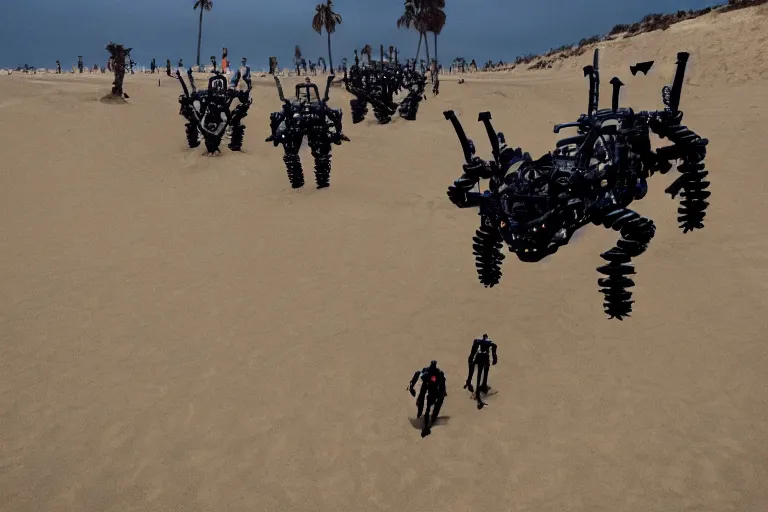 Image similar to cinematography evil demon robots climbing out of the sand on the beach in Santa Monica by Emmanuel Lubezki