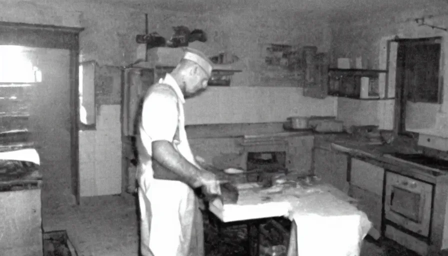 Prompt: a headless man in a stalinist style kitchen, by mini dv camera, very very low quality, heavy grain, very blurry, accidental flash, webcam footage, found footage, security cam, caught on trail cam