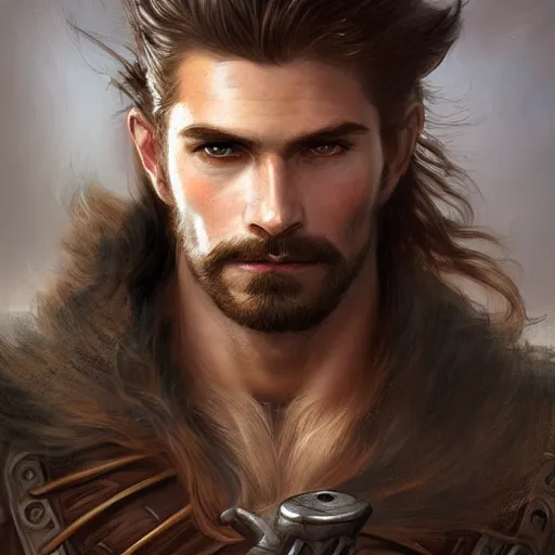 Prompt: portrait of a young, ruggedly handsome swordsman, soft hair, muscular, half body, leather, hairy, d & d, fantasy, intricate, elegant, highly detailed, digital painting, artstation, concept art, smooth, sharp focus, illustration, art by artgerm and greg rutkowski and alphonse mucha