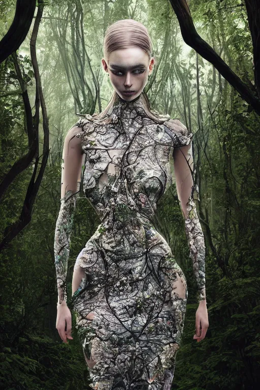 Prompt: a beautiful hyperrealistic ultradetailed 3D, one girl in a magnificent McQueen couture dress on the background of a futuristic forest, Designer clothes, futuristic clothes, clothes from the future, biopunk, voge photo, fashion style, fullbody, in full growth, photorealistic, high resolution, trending on artstation, highly detailed, volumetric lighting, elegant, details, good clear quality, volumetric lighting,