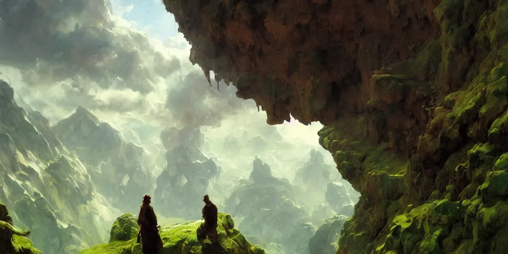 Image similar to huge cave ceiling clouds made of green earth towns, villages castles, buildings inverted upsidedown mountain artstation illustration sharp focus sunlit vista painted by ruan jia raymond swanland lawrence alma tadema zdzislaw beksinski norman rockwell tom lovell alex malveda greg staples