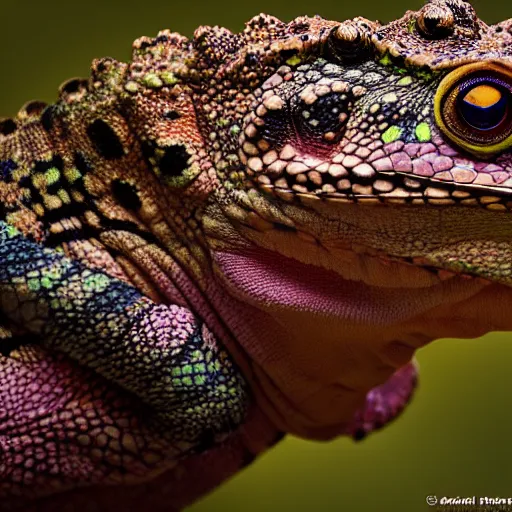 Image similar to An award winning photo of Tokay crocodile chameleon facing the camera, cute, environmental portrait, wildlife photography, National Geographic, 4k