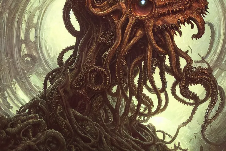 Image similar to a lovecraftian painting of cthulhu face of cosmic horror, cosmic horror elements, ultra realistic, concept art, intricate details, eerie, highly detailed, photorealistic, octane render, 8 k, unreal engine. art by artgerm and greg rutkowski and alphonse mucha