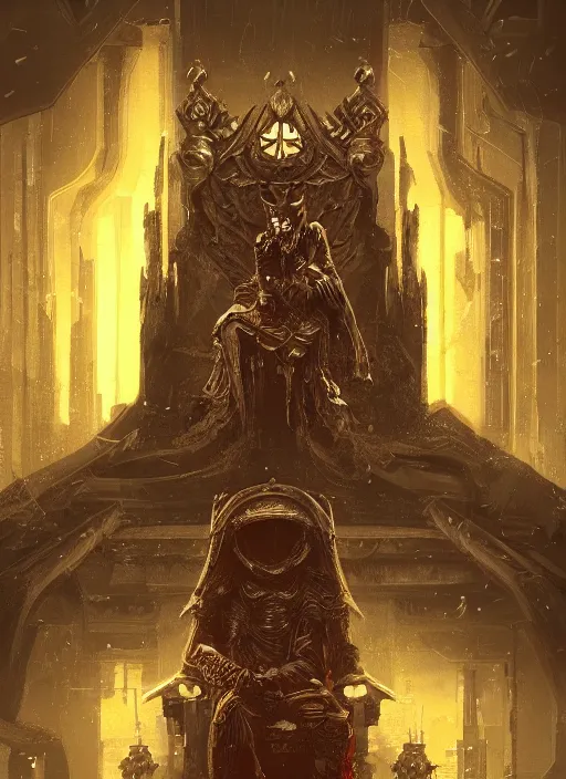 Prompt: a portrait of an old king on the throne, cyberpunk, grim - lighting, high - contrast, intricate, elegant, highly detailed, digital painting, artstation, concept art, smooth, sharp focus, illustration