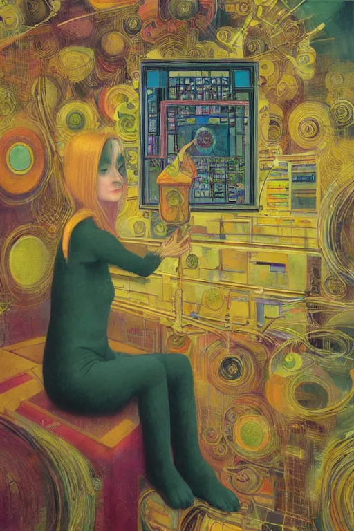 Prompt: realistic portrait of an engineer woman programming the samsara holy cluster, fine portrait, concept art, stunning, visionary, hyper realistic, detailed, by brecht evens, by jean delville, by francis bacon