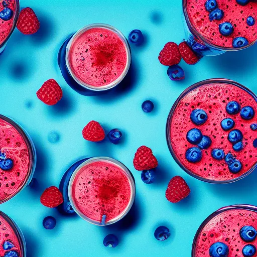 Prompt: raspberry, blueberry, vanilla smoothie explosion, intricate complexity, neon red white and blue drip paint, psychedelic glitch art, trending on art station, photoreal, 8 k, octane render