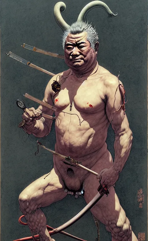 Image similar to portrait of zatoichi in the style of wayne barlowe, gustav moreau, peter mohrbacher, bussiere, roberto ferri, santiago caruso, luis ricardo falero, austin osman spare, boris vallejo, hajime sorayama