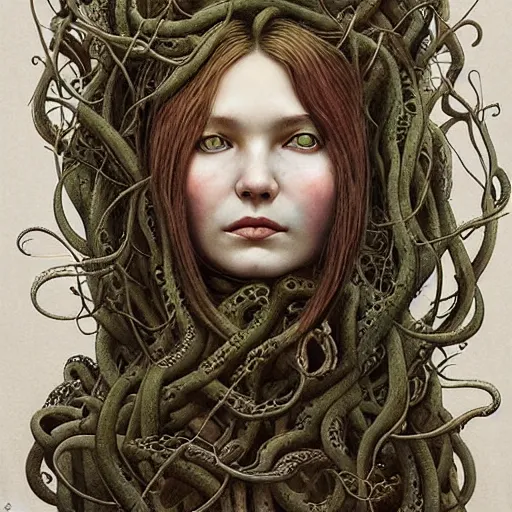 Image similar to very detailed portrait of a 2 0 years old girl surrounded by tentacles, the youg woman visage is blooming from fractal and vines, painted by esao andrews and karol bak and zdzislaw beksinski and zdzisław beksinski