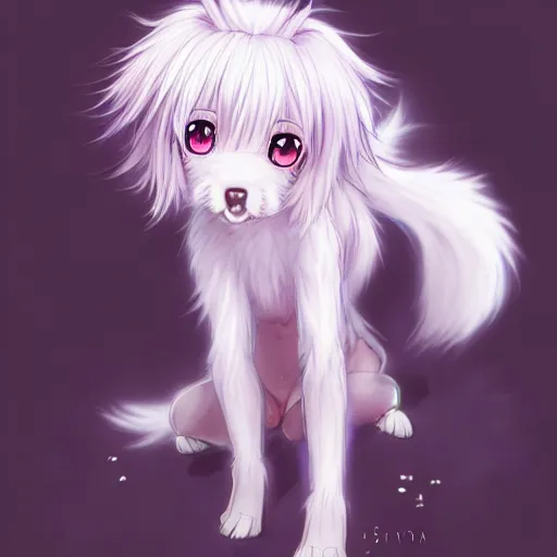 Image similar to advanced full body digital anime art, cute anime female dog hybrid, short white hair, purple watery eyes, dog paws for arms and legs and a big dog tail , full round face :: cinematic lighting, rim lighting, very highly intricately detailed, trending on pixiv :: Steven Artgerm Lau, WLOP, RossDraws, RuanJia, James Jean, Andrei Riabovitchev, Totorrl, Marc Simonetti, Visual Key, and Sakimichan