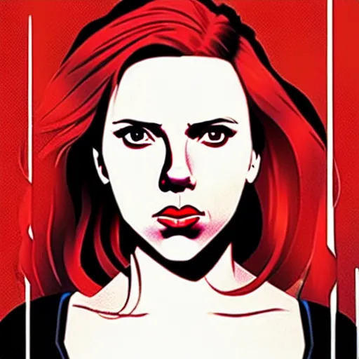 Image similar to phil noto, pretty scarlett johansson black widow, symmetrical eyes, long red hair, full body, city rooftop