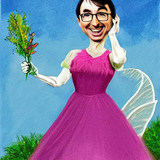 Image similar to John Oliver as a Disney fairy, wearing a pink dress. Details on face, Illustration, by Disney, colorful