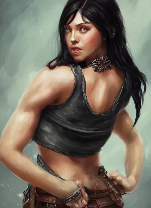 Prompt: a black haired woman in a tank top, muscular upper body, abs, d & d, fantasy, intricate, elegant, highly detailed, digital painting, artstation, concept art, smooth, sharp focus, illustration, art by dayer diego