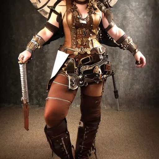 Prompt: full body photo of a female steampunk Valkyrie warrior