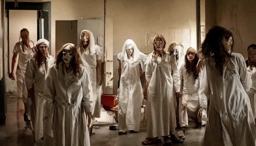 Prompt: Horror movie set in a darkly lit asylum, where the nurses are part of a satanic cult