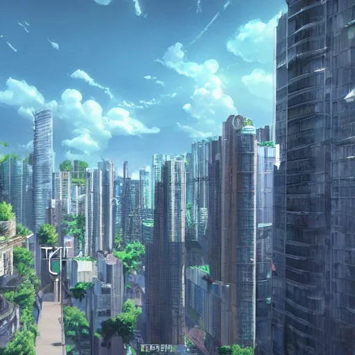 Image similar to realistic building, monster, shenzhen, wide landscape, eva, makoto shinkai