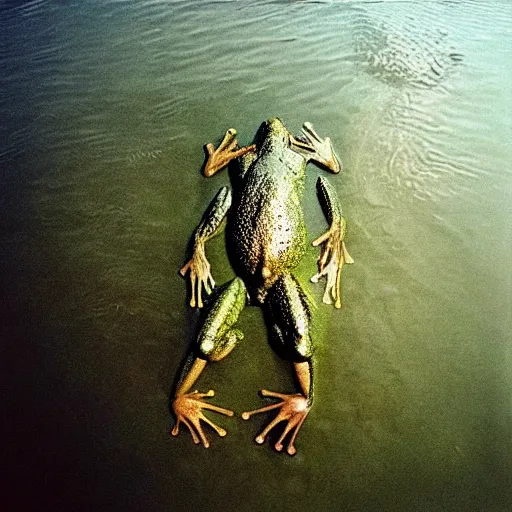 Image similar to “semitranslucent smiling frog amphibian floating over misty lake waters in Jesus Christ pose, low angle, long cinematic shot by Andrei Tarkovsky, paranormal, spiritual, mystical”