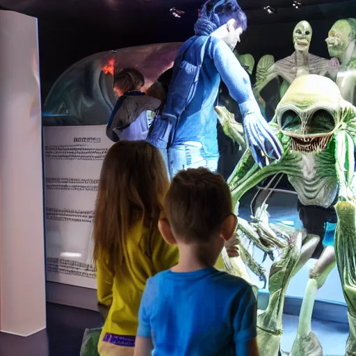 Prompt: kid visiting the alien museum