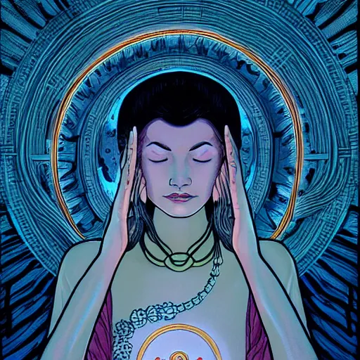 Image similar to female oracle in meditation, detailed, ambient lighting, in the style of james jean art