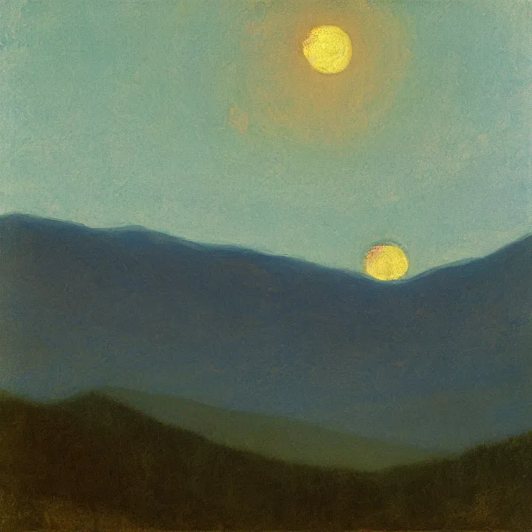 Prompt: vermont mountains, supermoon, clear sky, twilight, abbott handerson thayer oil painting, pale blue palette