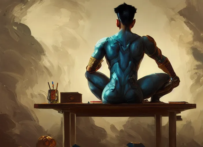 Image similar to an insanely detailed painting of an asian man wearing a homemade superhero costume, sitting at a desk, staring seriously at the computer and typing, in the style of peter mohrbacher, james jean, artgerm, dramatic lighting and composition, surreal background, octane render, pixar, trending on artstation, concept art, comic book, view from behind, 8 k