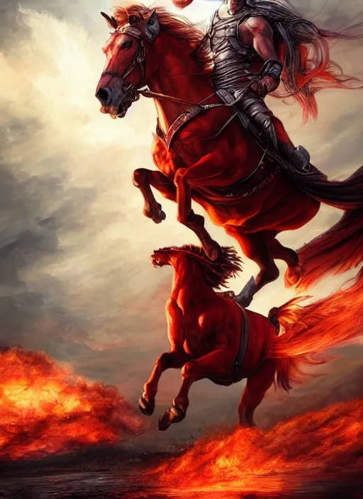 Image similar to the first singular horseman of the apocalypse riding a strong big red stallion, horse is running, the rider carries a large sword, flames from the ground, artwork by artgerm and rutkowski, breathtaking, dramatic