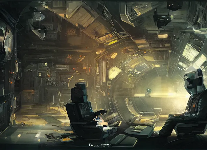 Image similar to a man sitting on a chair with things attached to his head, screens and monitors in front of him playing videos, ship interior, narrow hallway, scifi, dramatic lighting, dark, spotlight, concept art, surreal, by rutkowski, fuji choko