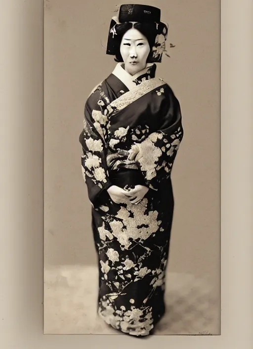 Prompt: a wet plate portrait of a middle age asiatic woman, geisha, traditional dress, flowers, photorealistic, cinematic light, highly detailed, smooth, sharp focus, illustration, shallow depth of field