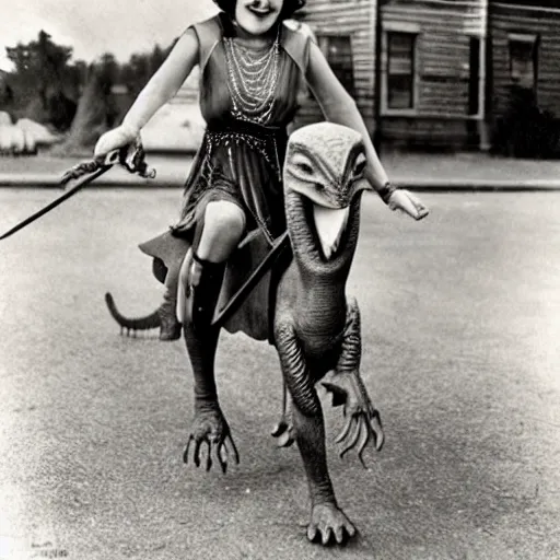 Prompt: 1920s flapper girl riding a dinosaur to the market, colorized