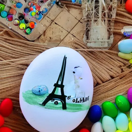 Image similar to A polar bear painting easter eggs in front of the Eiffel Tower