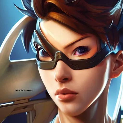 Image similar to tracer overwatch portrait, close up, concept art, intricate details, highly detailed photorealistic in the style of michael komarck, joel torres, seseon yoon, artgerm and warren louw