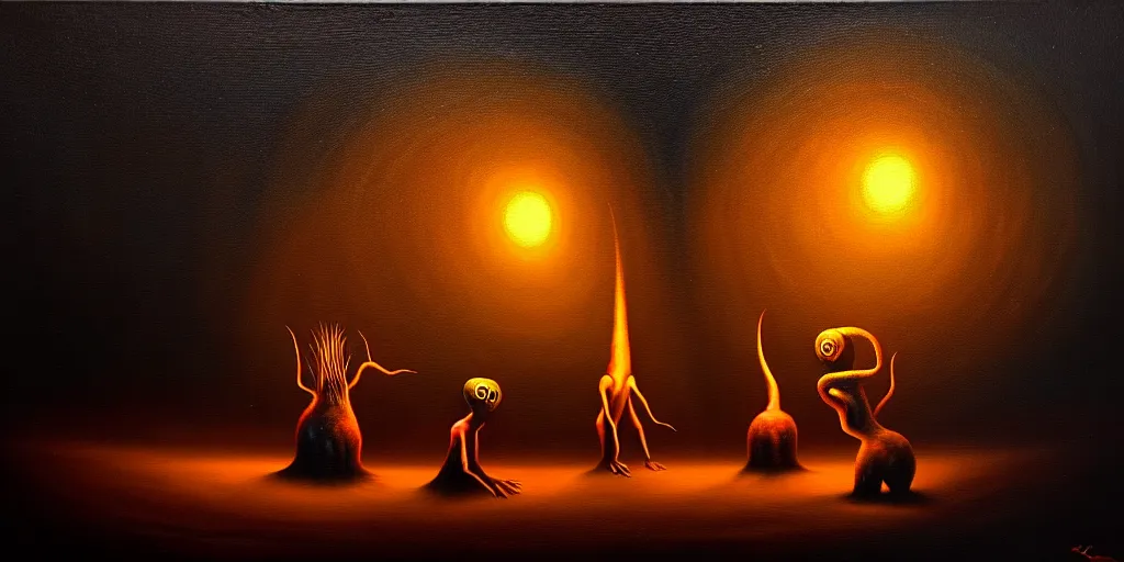 Image similar to creatures lurking in the collective unconscious, dramatic lighting from warm fire glow, in a dark surreal painting by ronny khalil