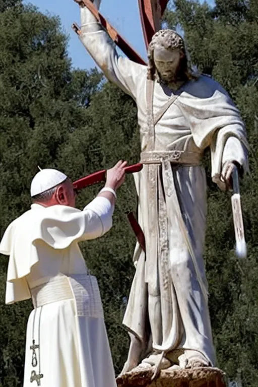 Image similar to the pope cutting a statue of jesus on the cross with a chainsaw