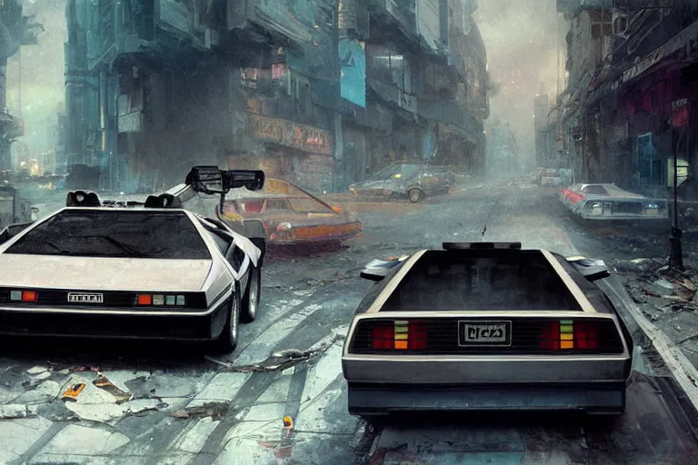 Image similar to photograph of the delorean, with a sleek spoiler, driving down the streets of a cyberpunk abandoned city, by greg rutkowski, by stanley artgerm, by alphonse mucha