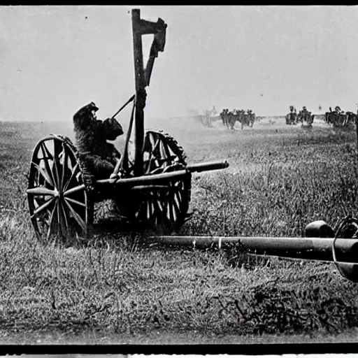 Prompt: a picture of a enormous bear pulling a towed artillery gun behind his back like a carriage, eastern front, historical picture