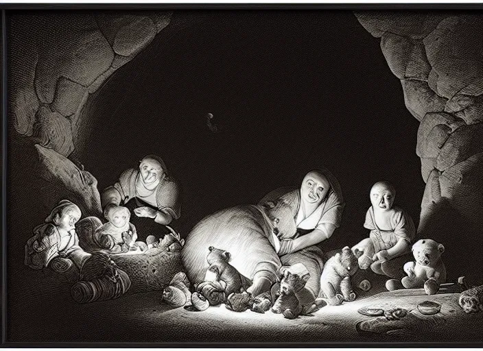 Image similar to Pieter Claesz's 'bear and her cubs sleeping in a dark cave lit by campfire', night time, cross hatching, framed