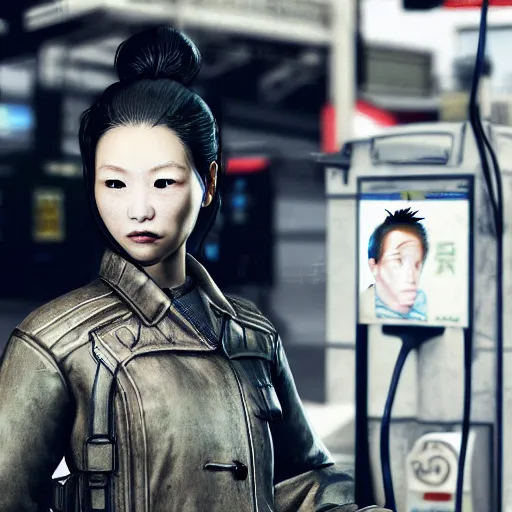 Prompt: a chinese woman at a gas station, 3 d models, metal gear solid, morrowind, portrait, street photography, by mario testino, davide sorrenti, jemal shabazz