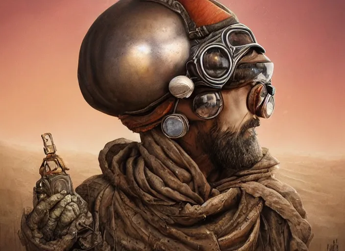 Image similar to a highly detailed forgotten garden gnome wearing goggles and head scarf surviving in a vast barren desert, hopeless wasteland background with a relentless raging sun overhead, hot, post - apocalyptic road warrior vibe, an ultrafine detailed painting by by karol bak and filip hodas, trending on deviantart, pop surrealism, whimsical, lowbrow, perfect symmetrical face, sharp focus, octane, masterpiece