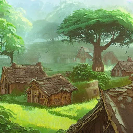 Image similar to concept art painting of a forest village with houses made of trees and roots, houses inside trees, vines, deep forest, realistic, detailed, cel shaded, in the style of makoto shinkai and greg rutkowski and james gurney
