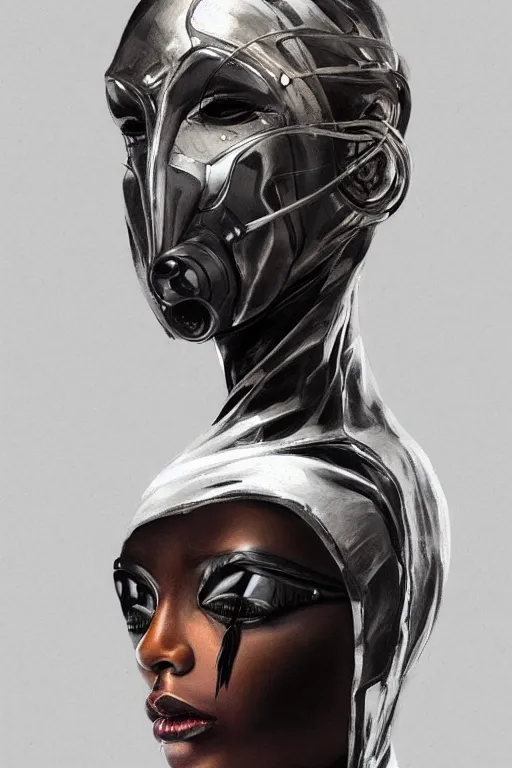 Image similar to ultra realistic illustration, black woman, yeezus margiela mask, hacknaut cyberpunk, sci - fi, fantasy, intricate, elegant, highly detailed, digital painting, artstation, concept art, smooth, sharp focus, illustration, art by artgerm and greg rutkowski and alphonse mucha